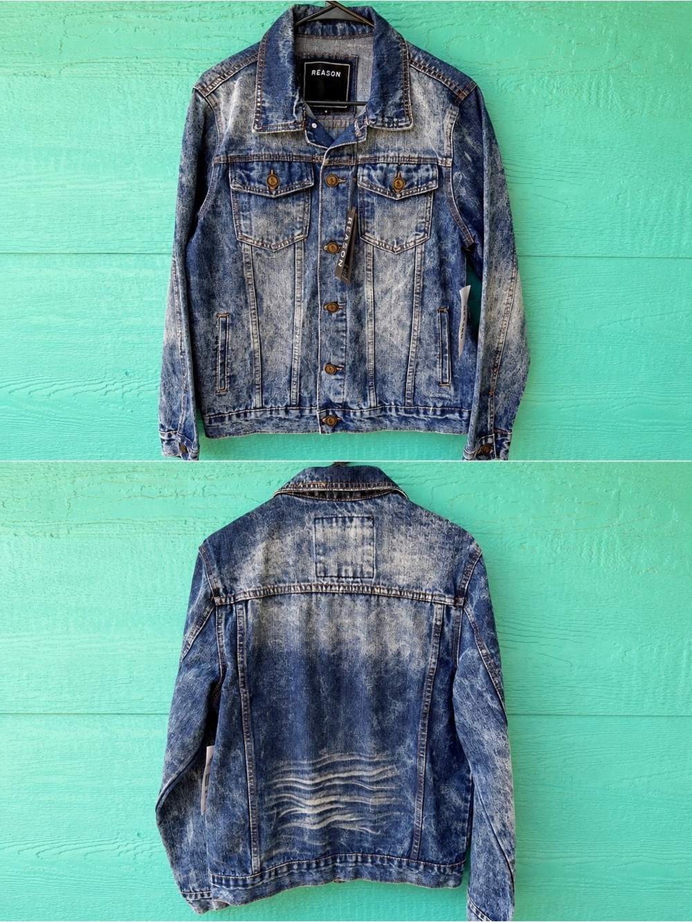 CLEARANCE MEN’S REASON ACID WASHED Y2K DENIM BLUE JEAN JACKET SIZE MEDIUM NWT